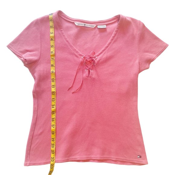 Tommy Hilfiger Pink Ribbed V Neck Lace T-Shirt Sz L - Picture 4 of 9